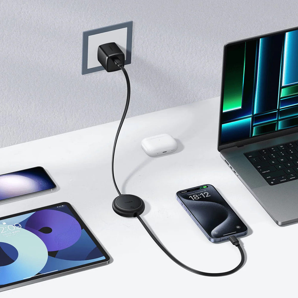 Cabo de Dados e Carregamento USB-C - USB-C Baseus Free2Pull Mini Retrátil, 60W, 1m, Preto P10364500111-01