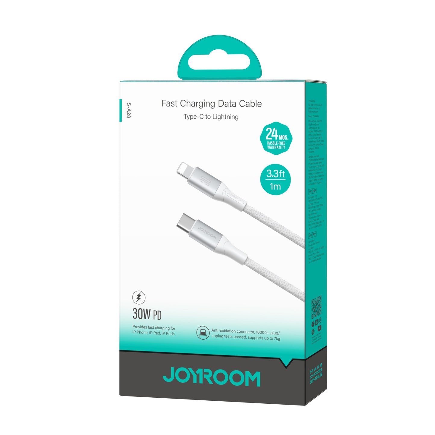 Cabo de Dados e Carregamento USB-C - Lightning Joyroom S-A28 Flash, 30W, 1m, Branco