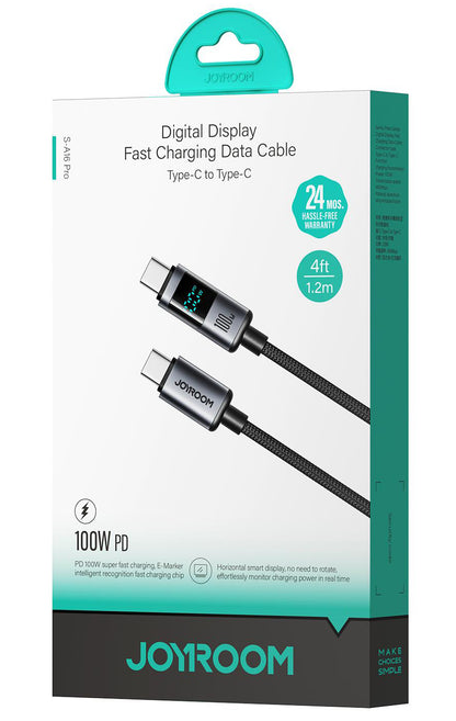 Cabo de Dados e Carregamento USB-C - USB-C Joyroom S-A16 Pro Prism Display, 100W, 1.2m, Preto