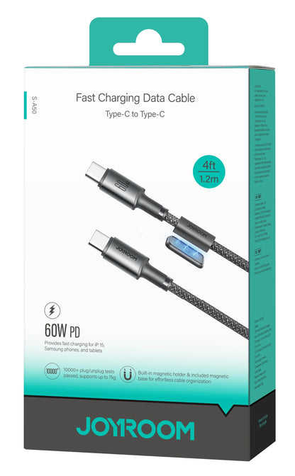 Cabo de Dados e Carregamento USB-C - USB-C Joyroom S-A50, 60W, 1.2m, Cinzento