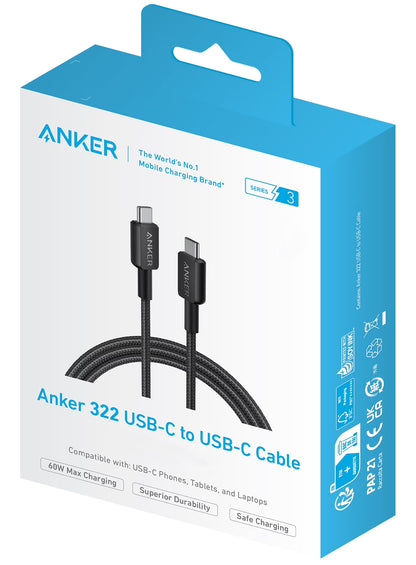 Cabo de Dados e Carregamento USB-C - USB-C Anker 322, 60W, 0.9m, Preto A81F5G11