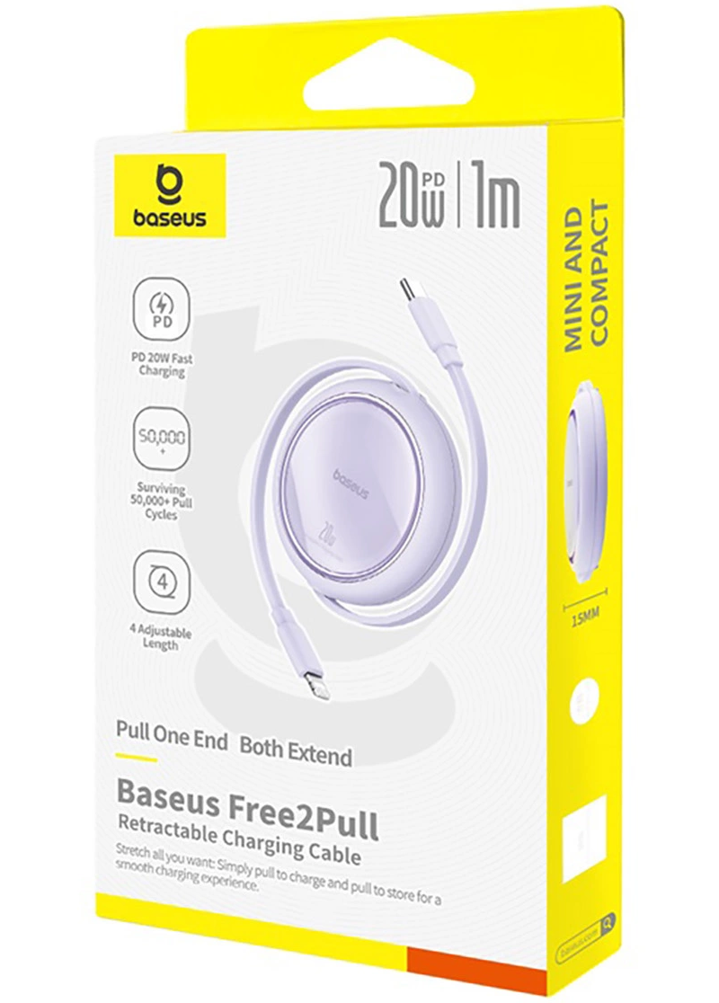 Cabo de Dados e Carregamento USB-C - Lightning Baseus Free2Pull Mini Retrátil, 20W, Roxo P10364501511-00