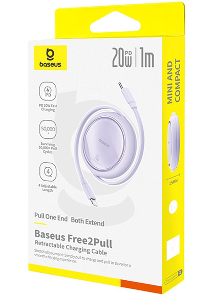 Cabo de Dados e Carregamento USB-C - Lightning Baseus Free2Pull Mini Retrátil, 20W, Roxo P10364501511-00
