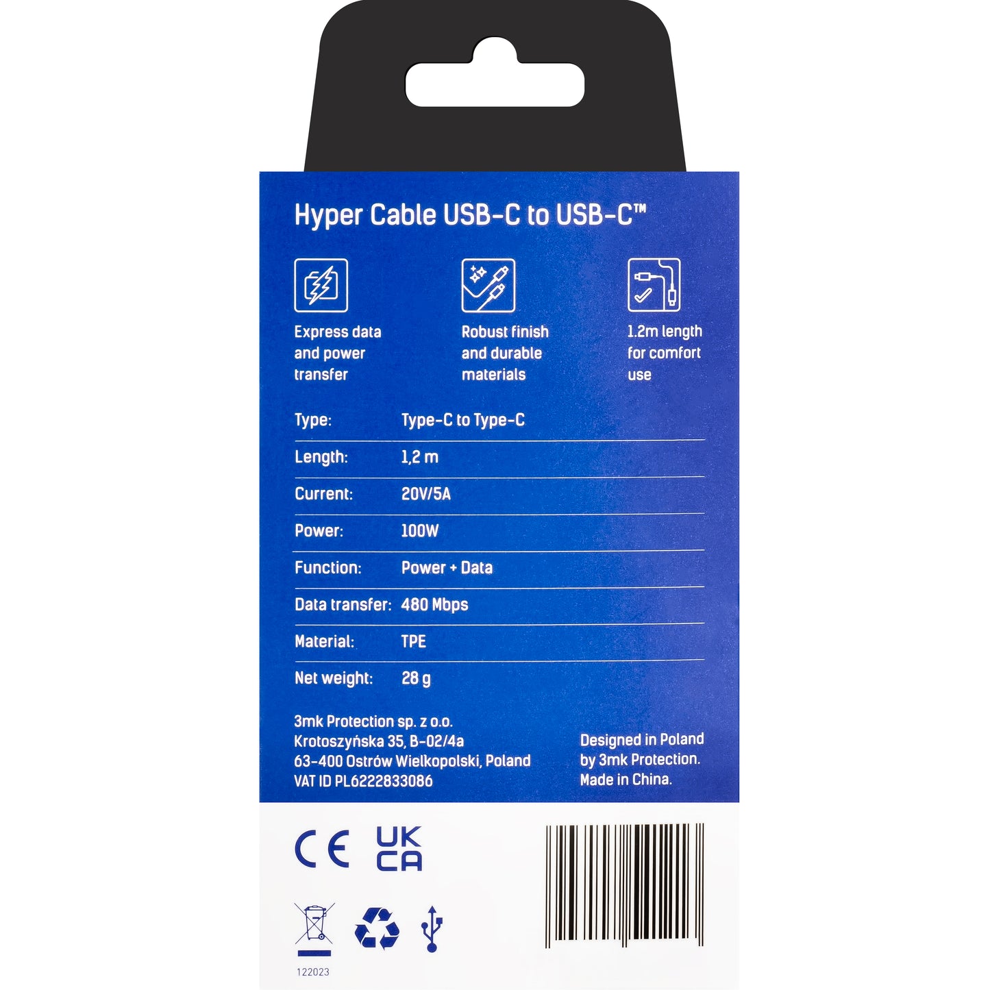 Cabo de Dados e Carregamento USB-C - USB-C 3MK Hyper, 100W, 1.2m, Preto