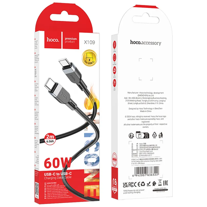Cabo de Dados e Carregamento USB-C - USB-C HOCO X109, 60W, 2m, Preto