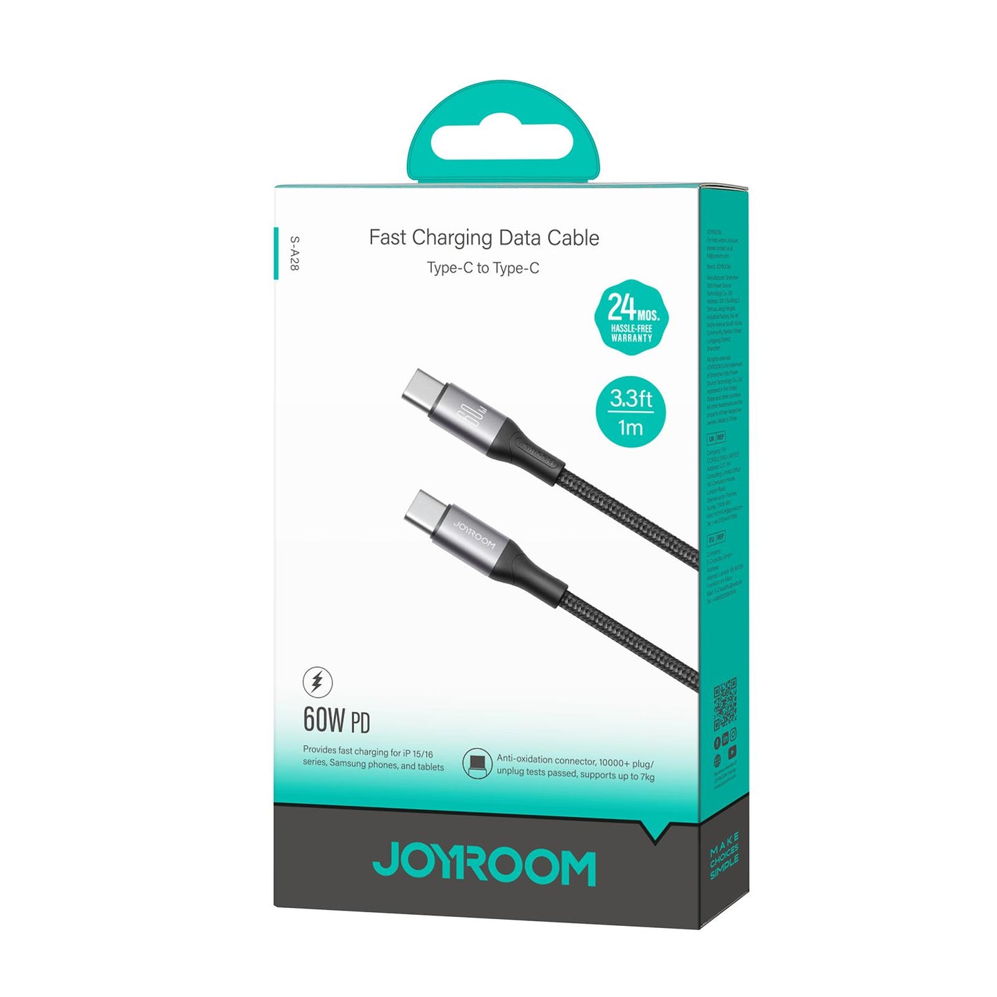 Cabo de Dados e Carregamento USB-C - USB-C Joyroom S-A28 Flash, 60W, 1m, Preto