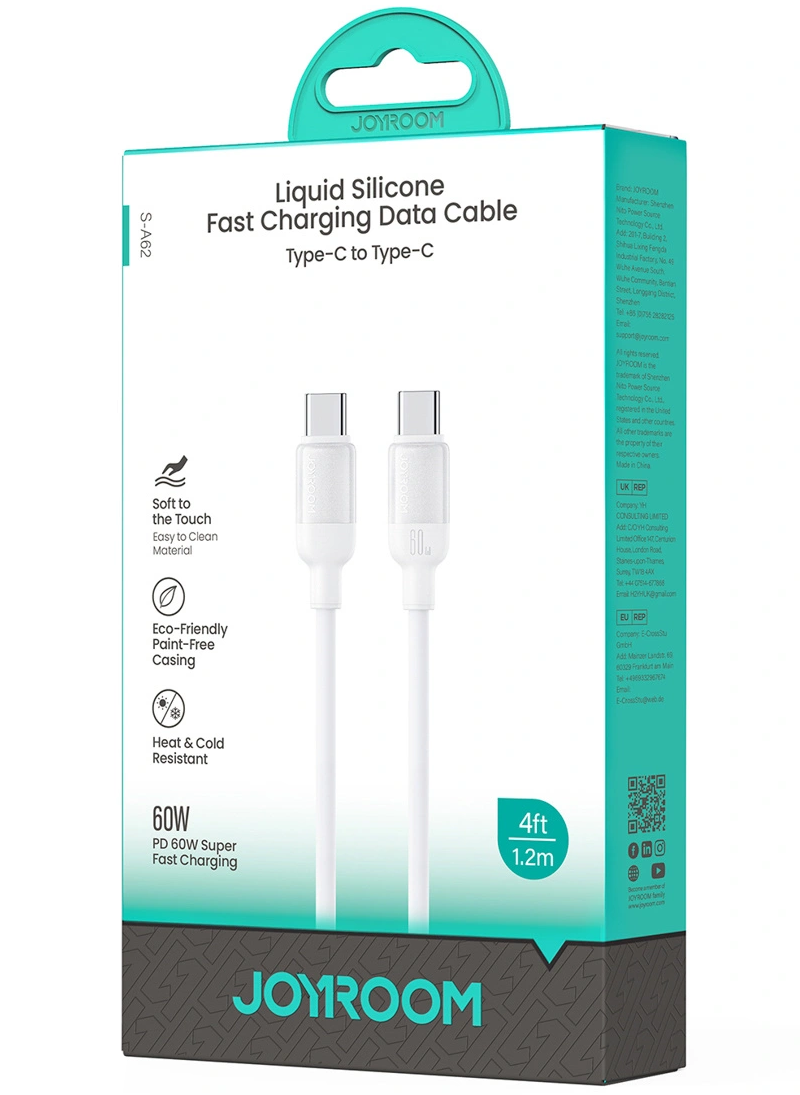 Cabo de Dados e Carregamento USB-C - USB-C Joyroom S-A62 Lively, 60W, 1,2m, Branco