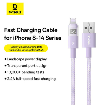 Cabo de Dados e Carregamento USB-A - Lightning Baseus Display 2, 12W, 2m, Roxo P10382700511-01