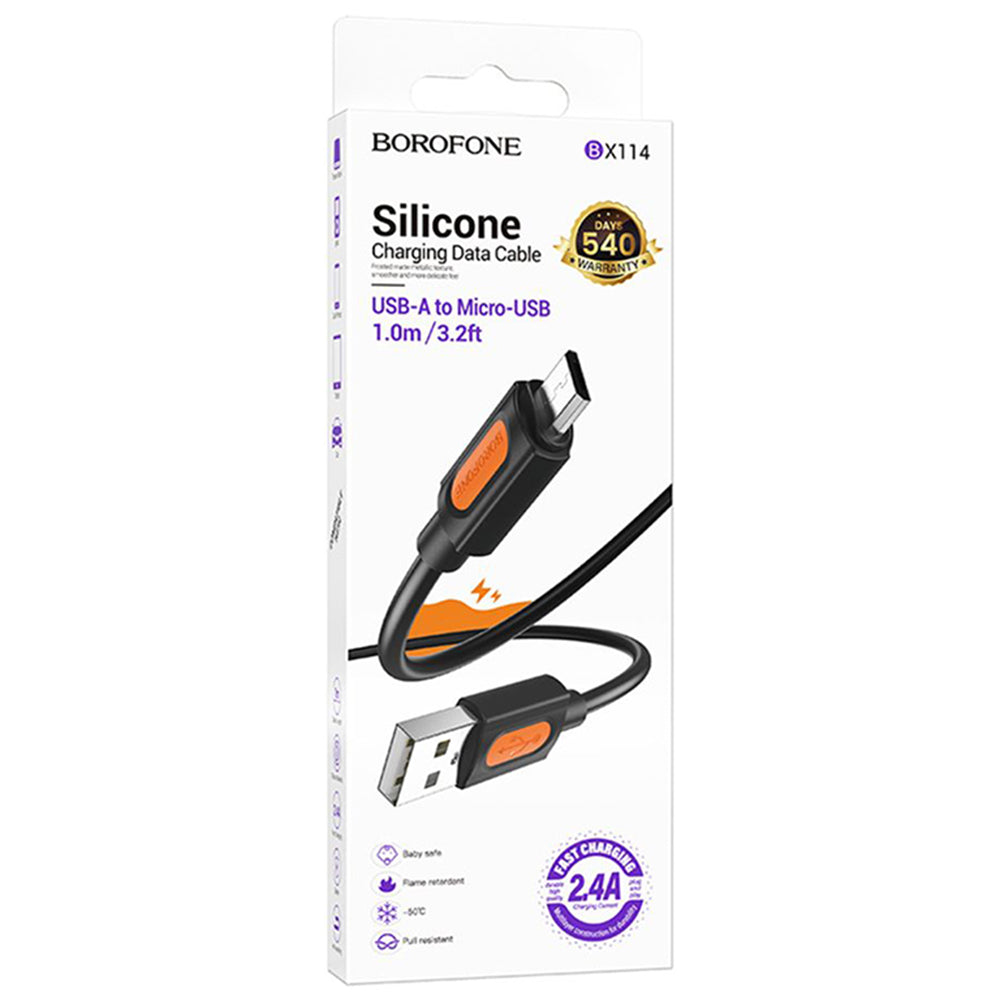 Cabo de Dados e Carregamento USB-A - microUSB Borofone BX114 Silicone, 18W, 1m, Preto