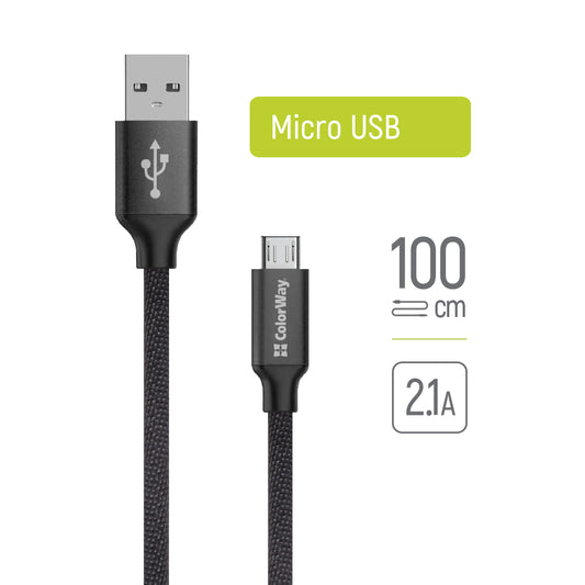 Cabo de Dados e Carregamento USB-A - microUSB ColorWay CW-CBUM002, 18W, 1m, Preto
