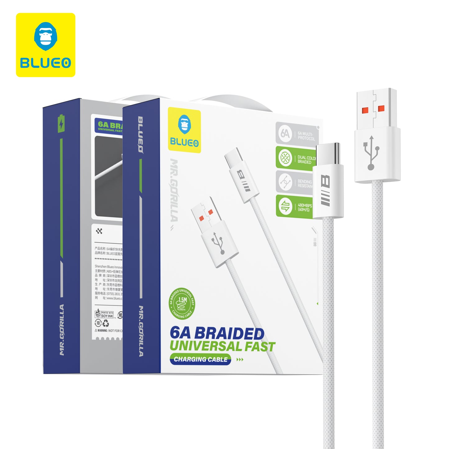 Cabo de Dados e Carregamento USB-A - USB-C Blueo, 18W, 1.5m, Branco