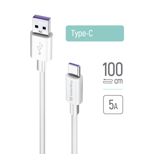 Cabo de Dados e Carregamento USB-A - USB-C ColorWay CW-CBUC019, 18W, 1m, Branco
