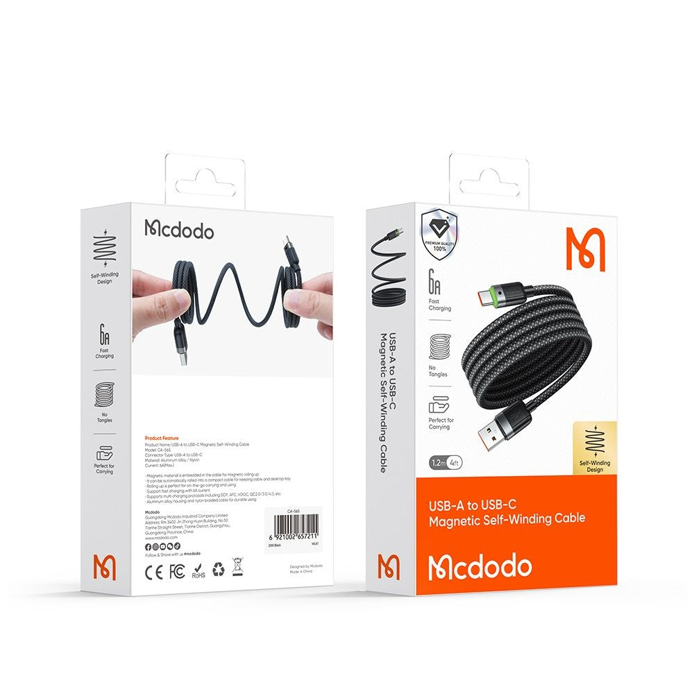 Cabo de Dados e Carregamento USB-A - USB-C McDodo CA-5650 Self Winding, 66W, 1.2m, Preto