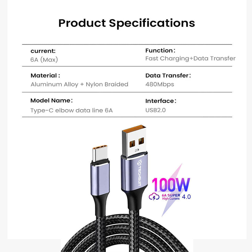 Cabo de Dados e Carregamento USB-A - USB-C Techsuit PCB018, 100W, 1m, Preto