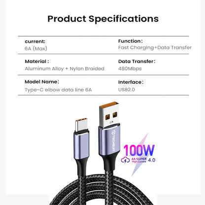 Cabo de Dados e Carregamento USB-A - USB-C Techsuit PCB018, 100W, 1m, Preto