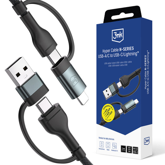 Cabo de Dados e Carregamento USB-A / USB-C - USB-C / Lightning 3MK Hyper N, 60W, 1.2m, Preto