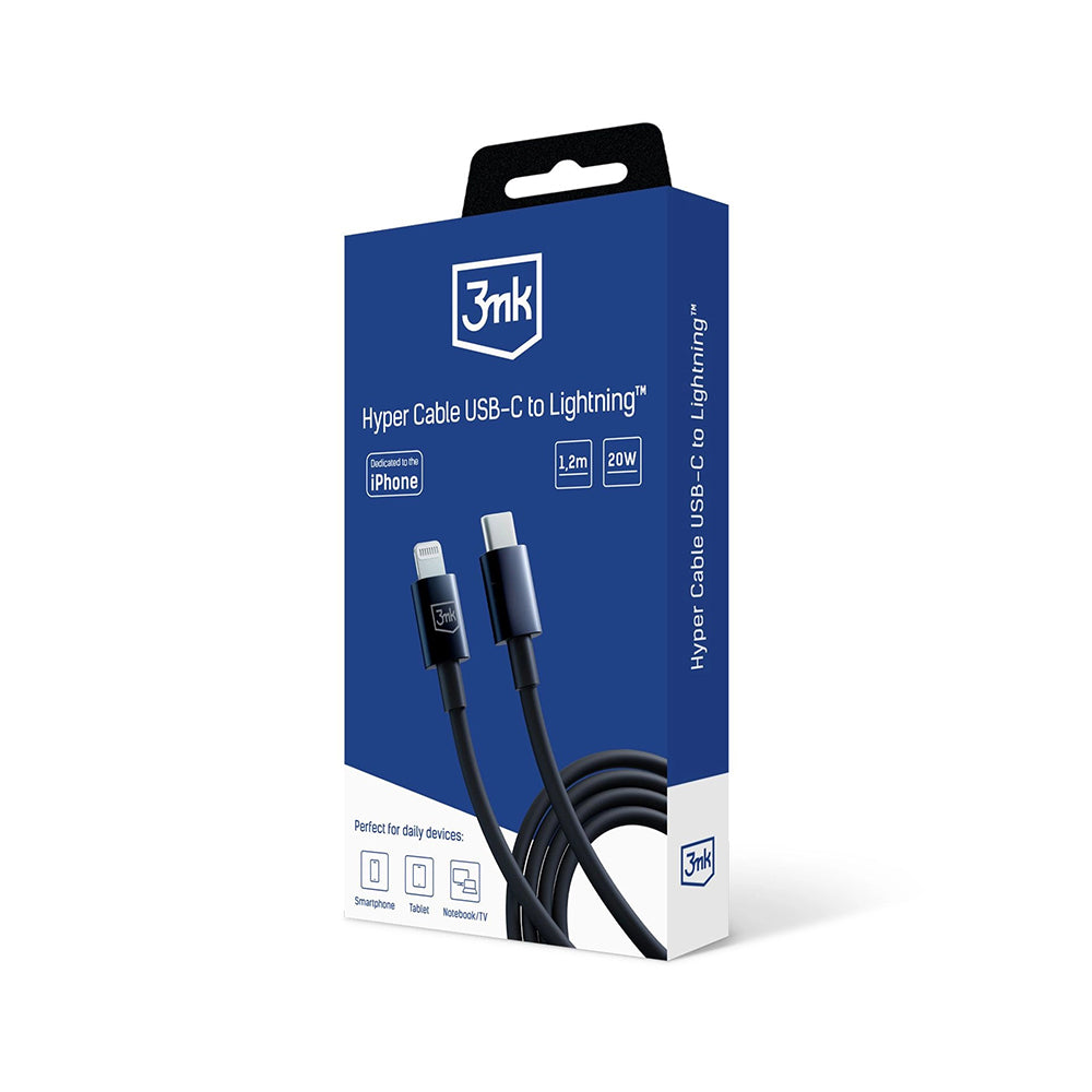 Cabo de Dados e Carregamento USB-C - Lightning 3MK Hyper, 20W, 1.2m, Preto