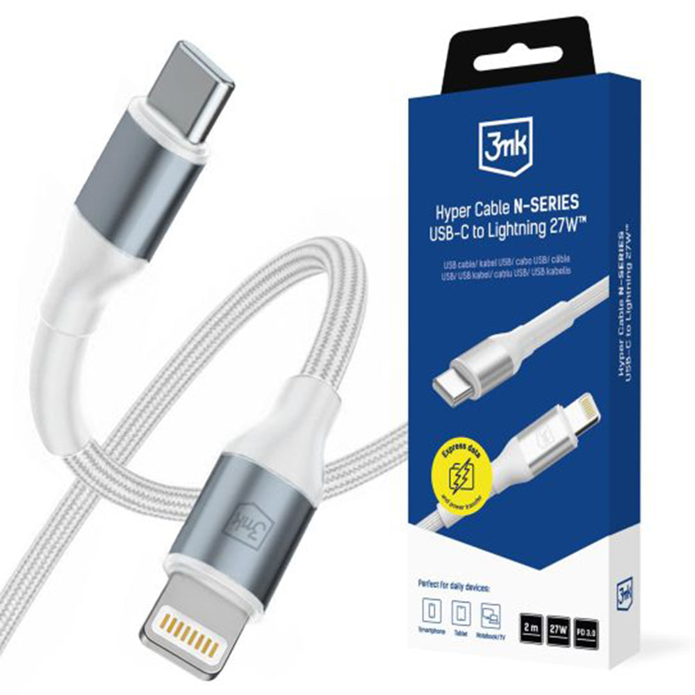Cabo de Dados e Carregamento USB-C - Lightning 3MK Hyper N, 27W, 2m, Branco