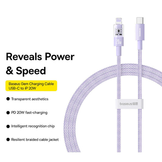 Cabo de Dados e Carregamento USB-C - Lightning Baseus Gem, 20W, 2m, Roxo P10373001511-01