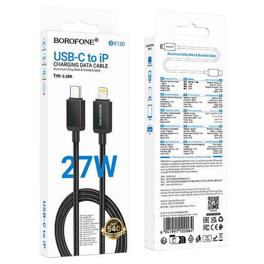 Cabo de Dados e Carregamento USB-C - Lightning Borofone BX120 Placer, 27W, 1m, Preto