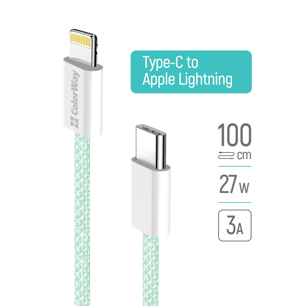 Cabo de Dados e Carregamento USB-C - Lightning ColorWay CW-CBPDCL061, 27W, 1m, Verde