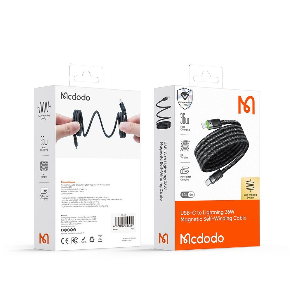 Cabo de Dados e Carregamento USB-C - Lightning McDodo CA-2010 Autoenrolável, 36W, 1.2m, Preto