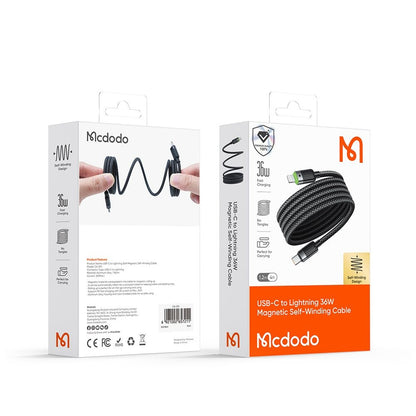 Cabo de Dados e Carregamento USB-C - Lightning McDodo CA-2010 Autoenrolável, 36W, 1.2m, Preto