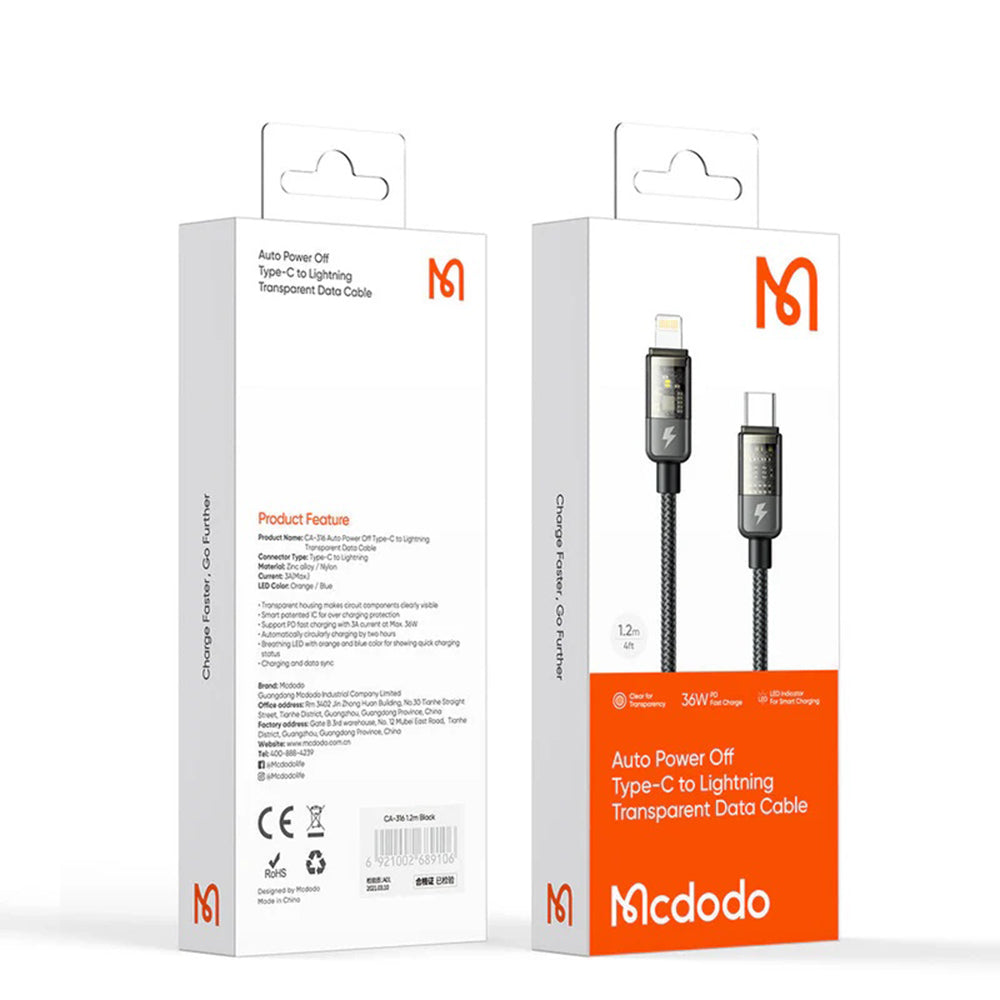 Cabo de Dados e Carregamento USB-C - Lightning McDodo CA-3160 Auto Power Off, 36W, 1.2m, Preto