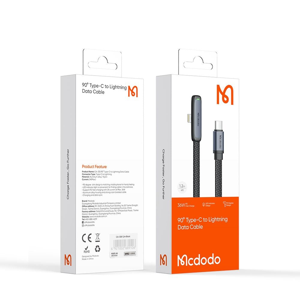 Cabo de Dados e Carregamento USB-C - Lightning McDodo CA-3350 Angled, 36W, 1.2m, Preto