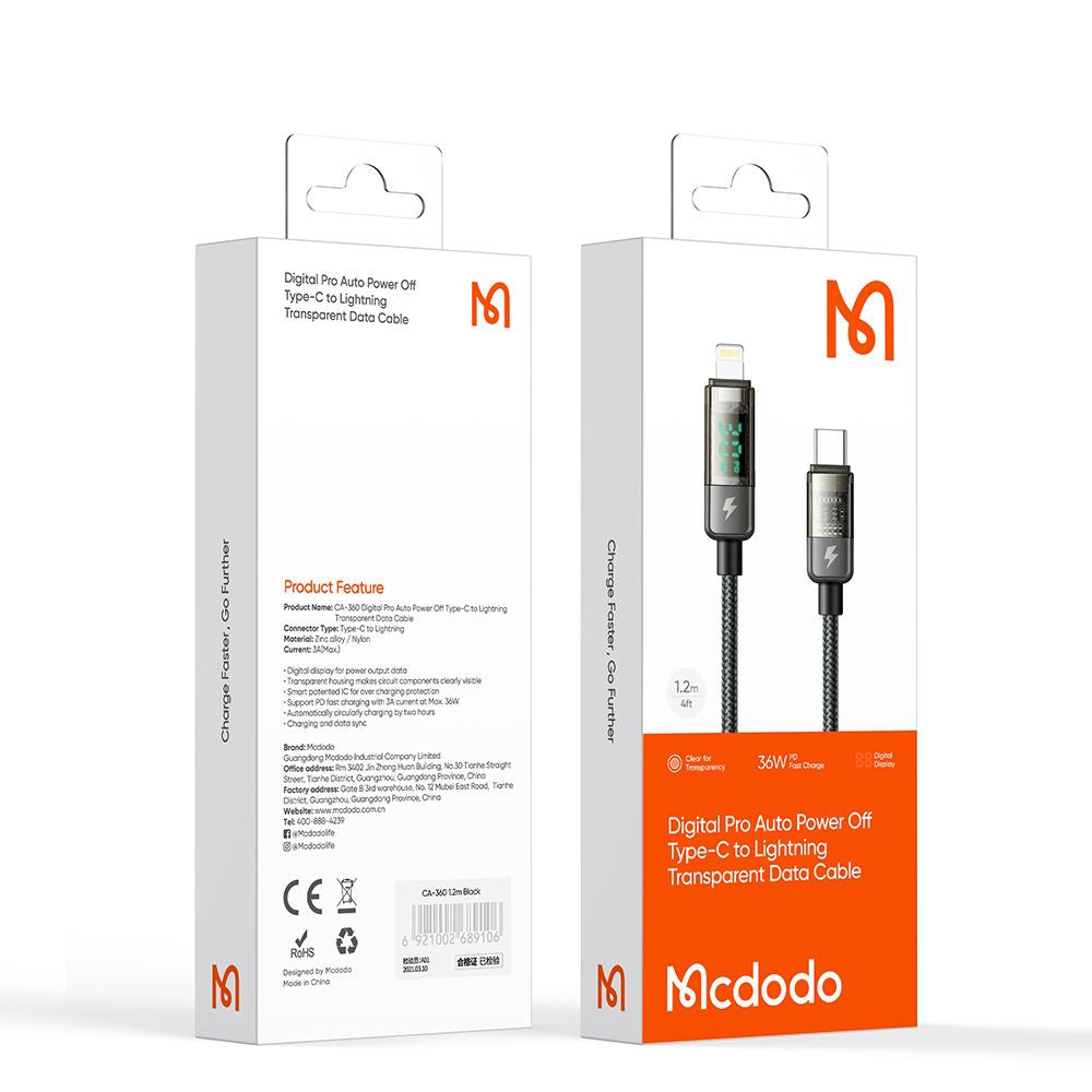 Cabo de Dados e Carregamento USB-C - Lightning McDodo CA-3600 Display Auto Power Off, 36W, 1.2m, Preto