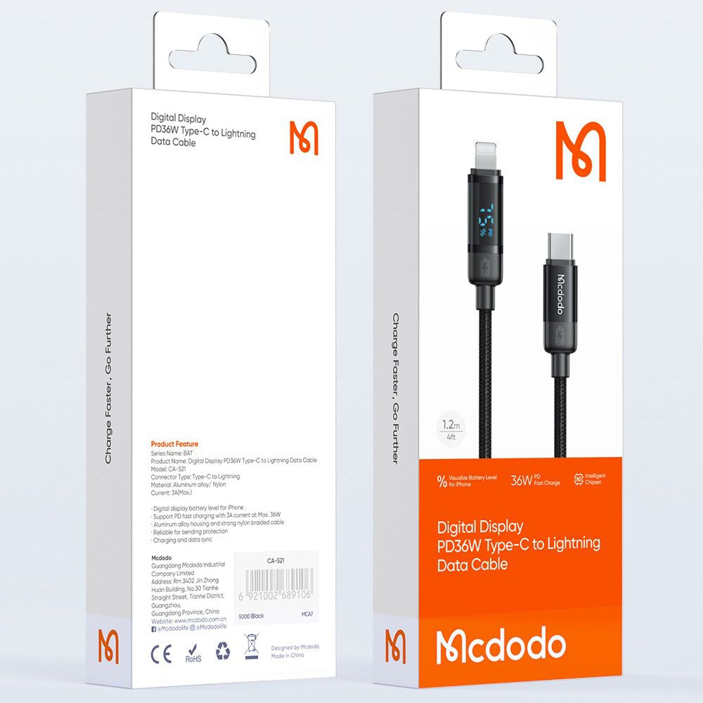 Cabo de Dados e Carregamento USB-C - Lightning McDodo CA-5210 Bat Display, 36W, 1.2m, Preto