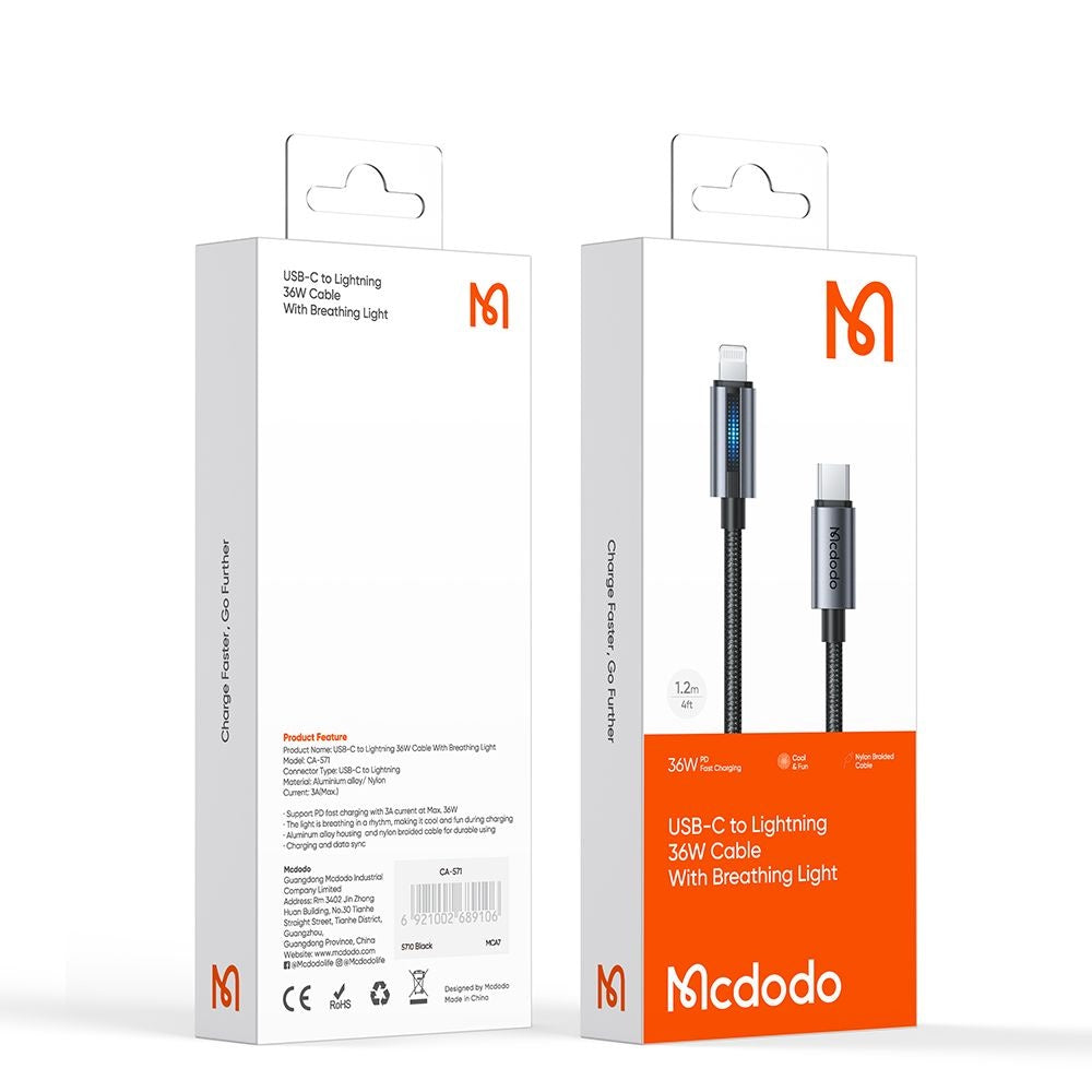 Cabo de Dados e Carregamento USB-C - Lightning McDodo CA-5710, 36W, 1.2m, Preto