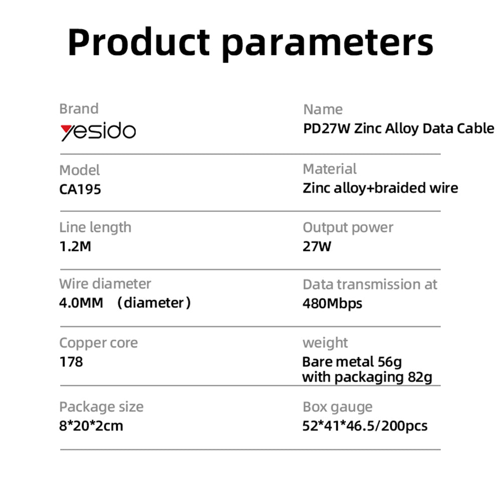USB-C to Lightning Data and Charging Cable Yesido CA195, 27W, 1.2m, Black