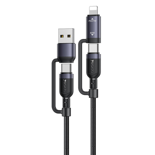 Cabo de Dados e Carregamento USB-C / USB-A - USB-C / Lightning Yesido CA200, 60W, 1,2m, Preto
