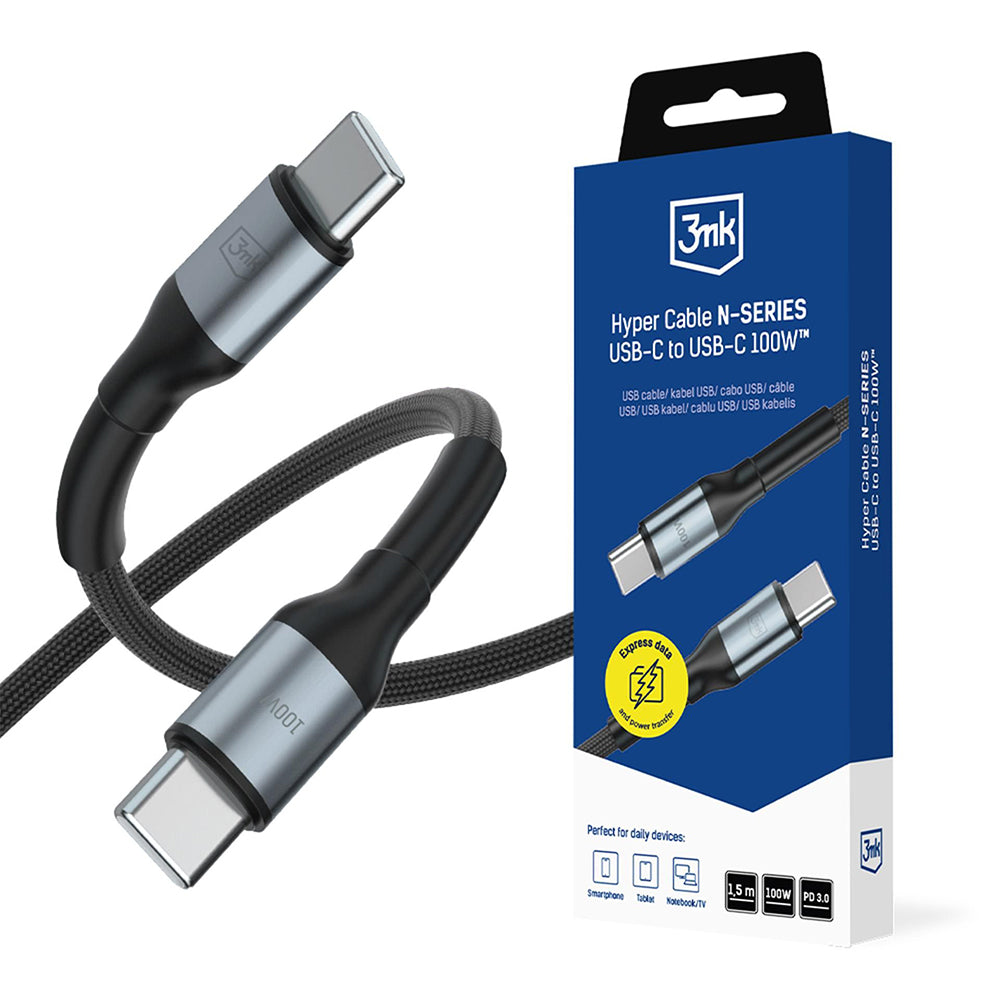 Cabo de Dados e Carregamento USB-C - USB-C 3MK Hyper N, 100W, 1,5m, Preto