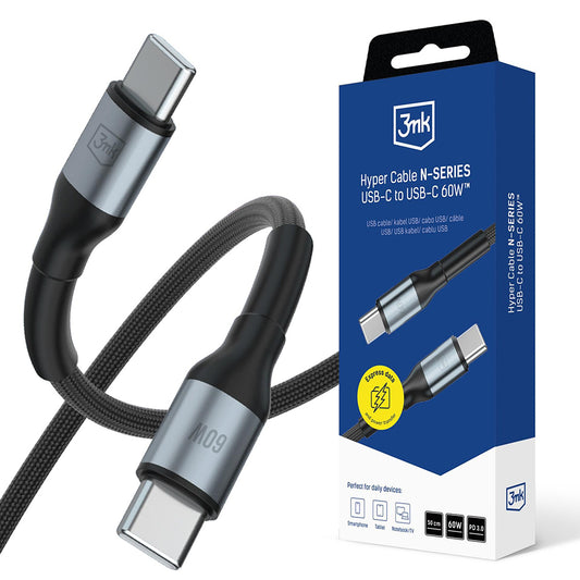 Cabo de Dados e Carregamento USB-C - USB-C 3MK Hyper N, 60W, 0,5m, Preto