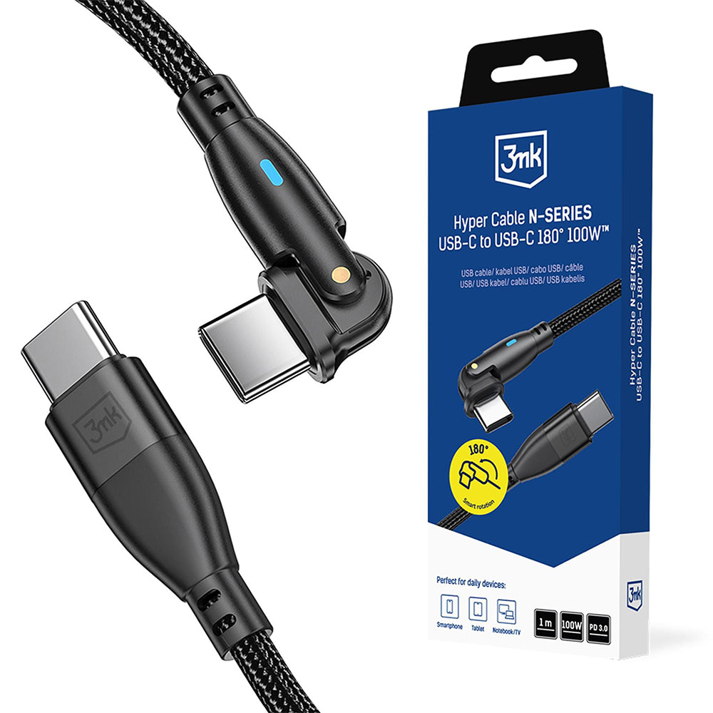 Cabo de Dados e Carregamento USB-C - USB-C 3MK Hyper N Angled, 100W, 1m, Preto