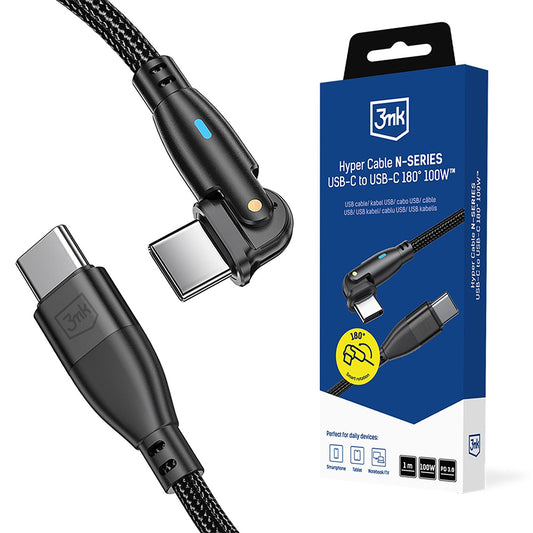 Cabo de Dados e Carregamento USB-C - USB-C 3MK Hyper N Angled, 100W, 1m, Preto