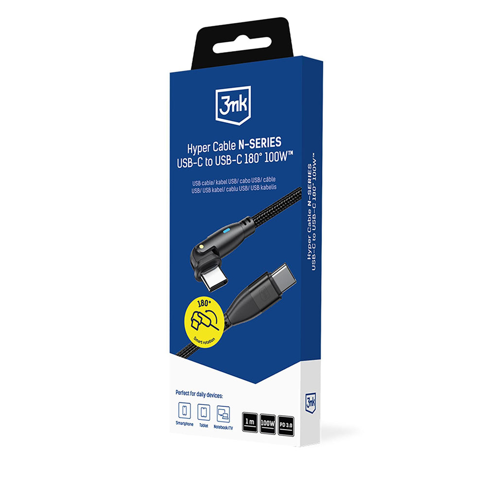 Cabo de Dados e Carregamento USB-C - USB-C 3MK Hyper N Angled, 100W, 1m, Preto