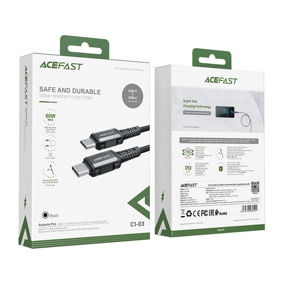Cabo de Dados e Carregamento USB-C - USB-C Acefast C1-03, 60W, 1.2m, Preto