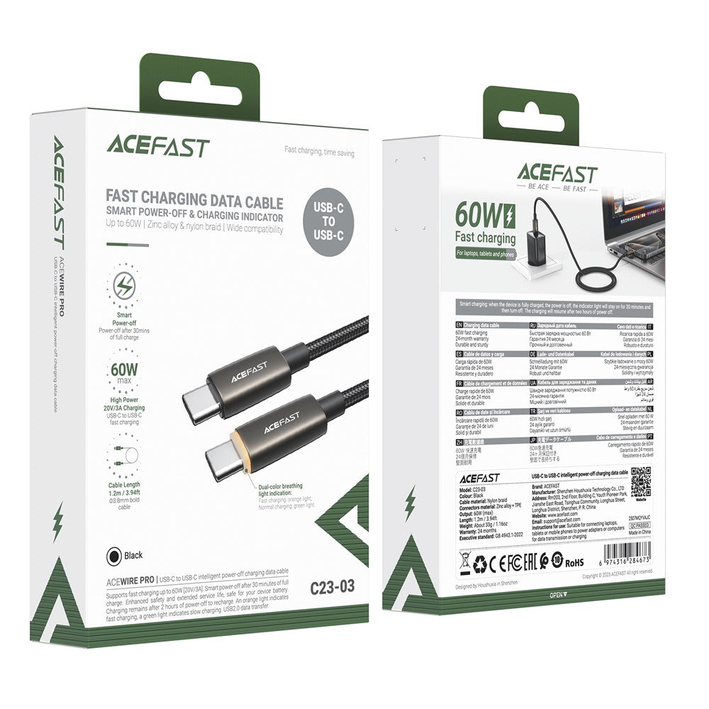 Cabo de Dados e Carregamento USB-C - USB-C Acefast C23-03, 60W, 1.2m, Preto