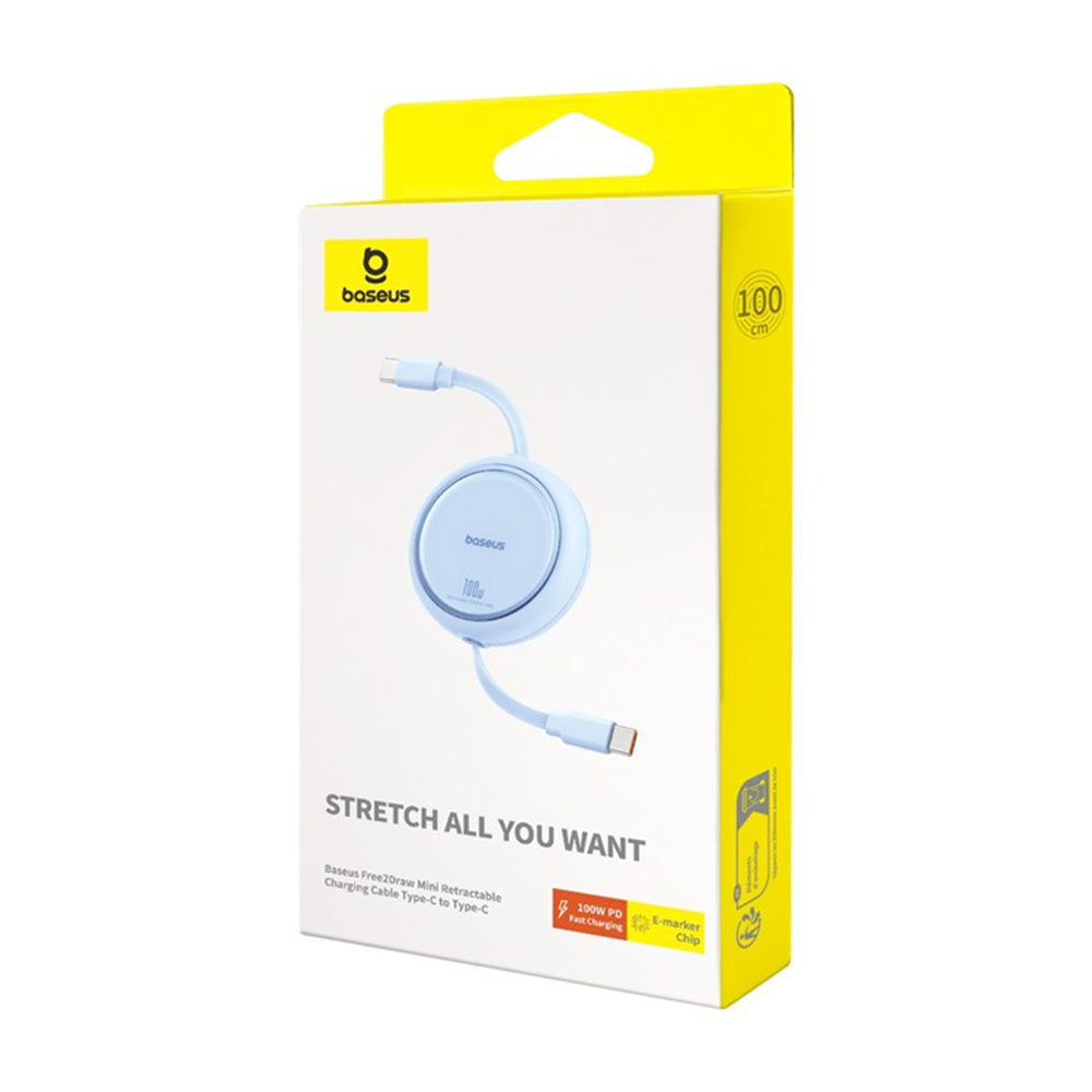 Cabo de Dados e Carregamento USB-C - USB-C Baseus Free2Draw Mini Retrátil, 100W, 1m, Azul P10364500311-00