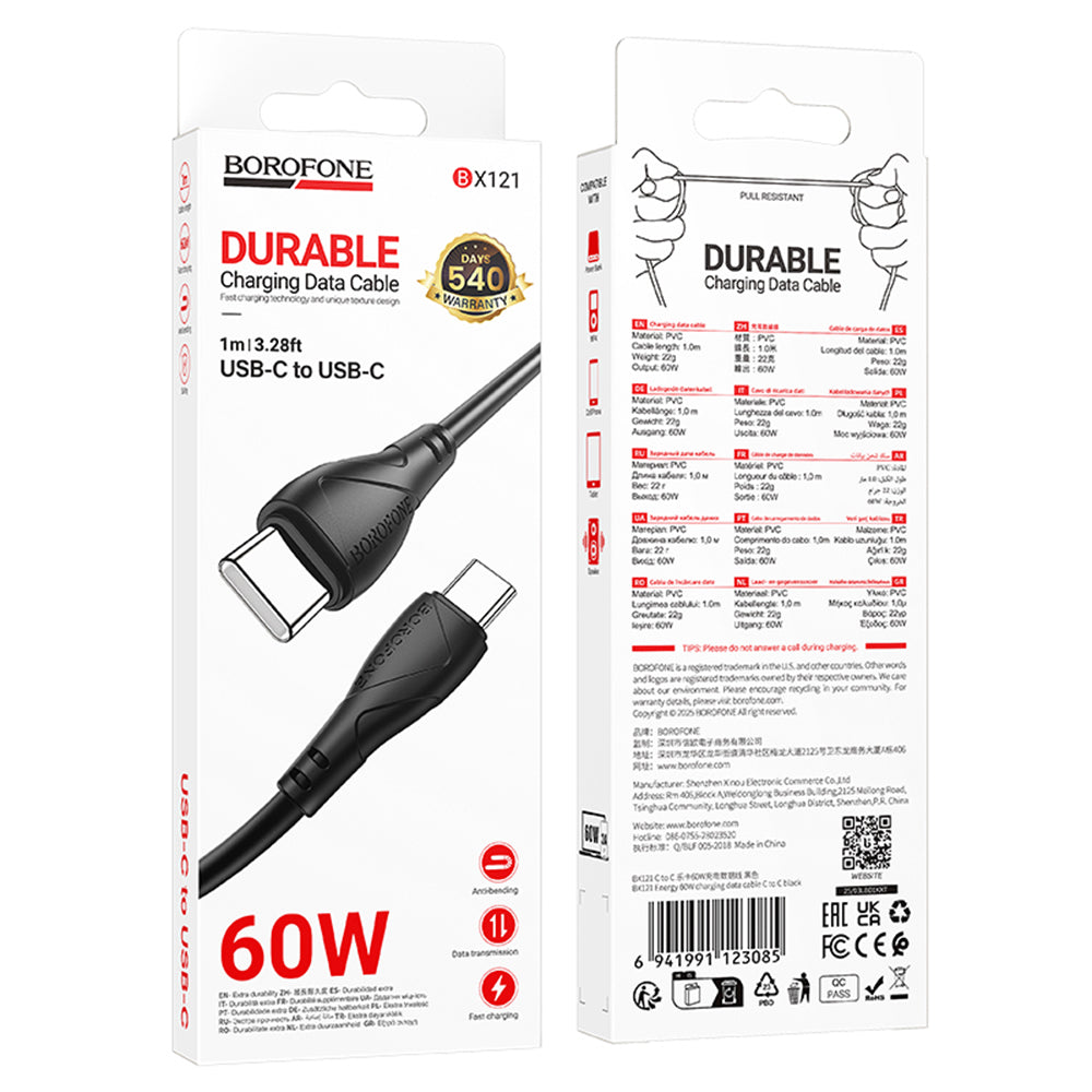 Cabo de Dados e Carregamento USB-C - USB-C Borofone BX121 Energy, 60W, 1m, Preto