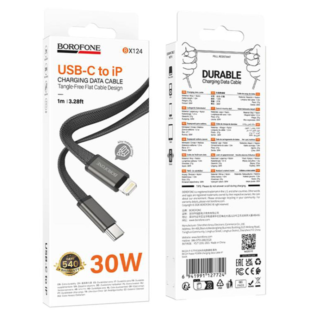 Cabo de Dados e Carregamento USB-C - USB-C Borofone BX124 Peace, 30W, 1m, Preto