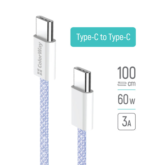 Cabo de Dados e Carregamento USB-C - USB-C ColorWay CW-CBPDCC061, 60W, 1m, Roxo