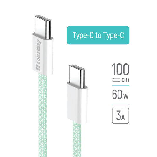 Cabo de Dados e Carregamento USB-C - USB-C ColorWay CW-CBPDCC061, 60W, 1m, Verde