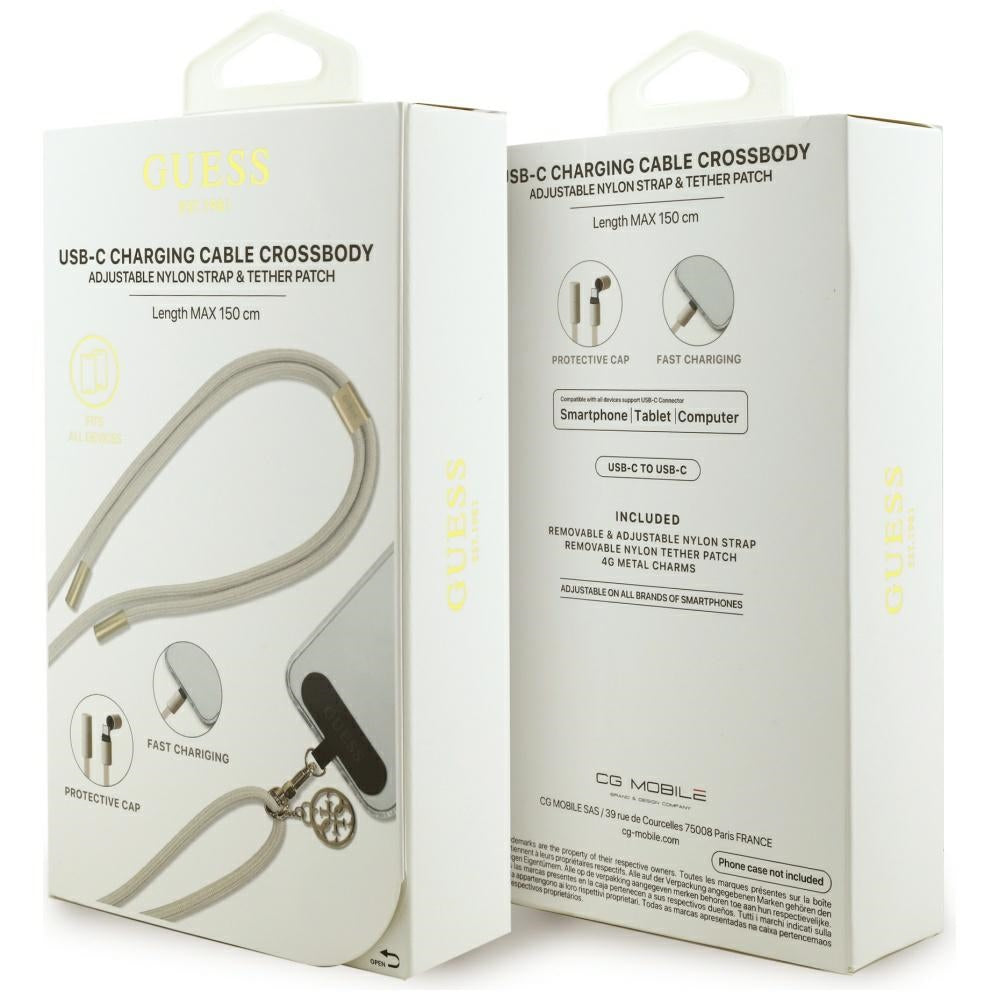 Cabo de Dados e Carregamento USB-C - USB-C Guess CBDY 4G Charm, 100W, 1.5m, Bege