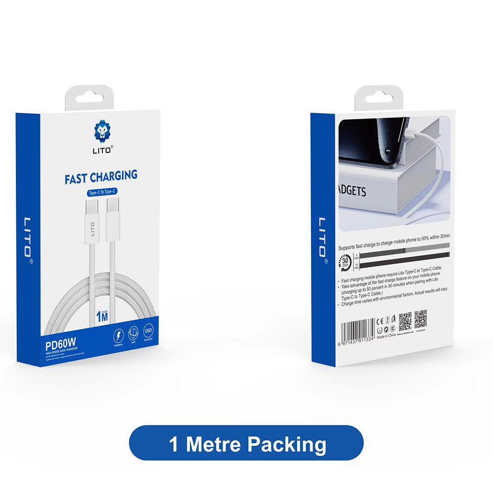 Cabo de Dados e Carregamento USB-C - USB-C Lito LD04CC, 60W, 1m, Branco