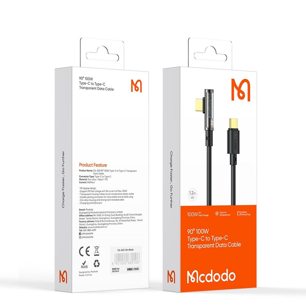 Cabo de Dados e Carregamento USB-C - USB-C McDodo CA-3400 Angled, 100W, 1.2m, Preto
