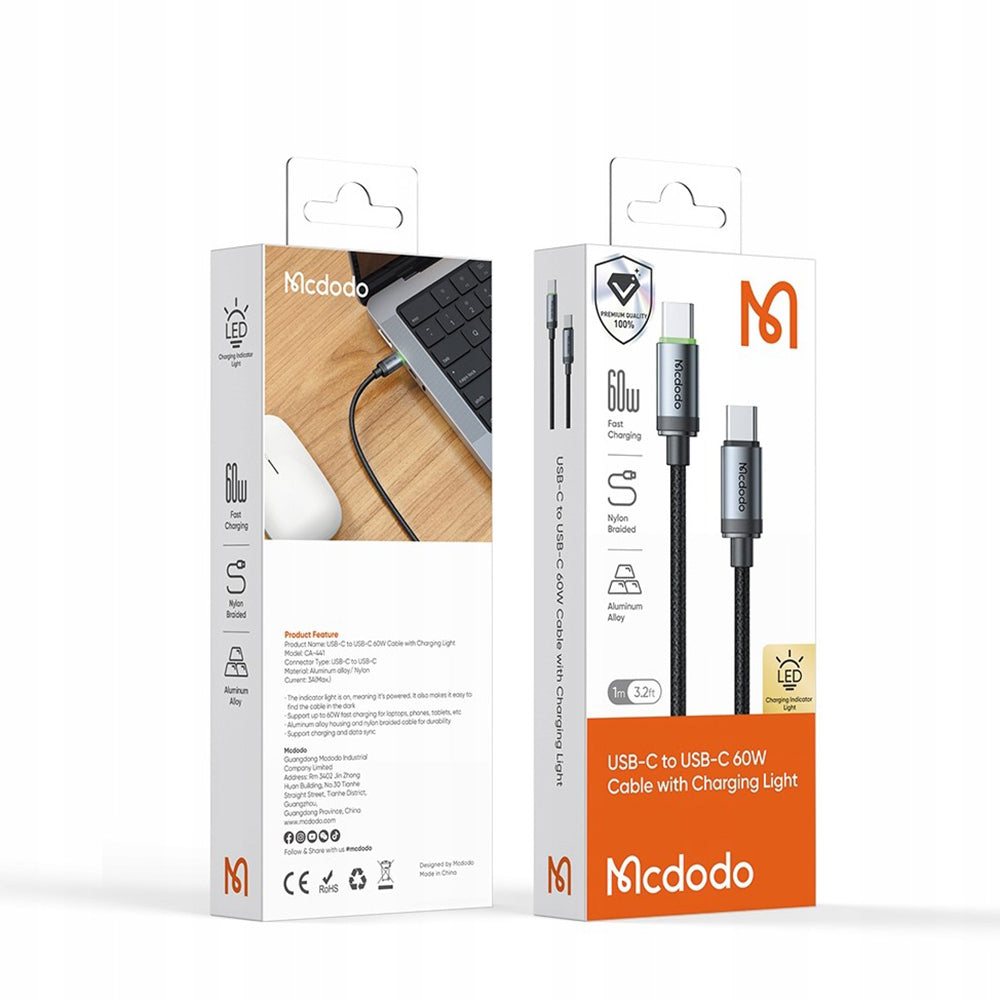 Cabo de Dados e Carregamento USB-C - USB-C McDodo CA-4410, 60W, 1m, Preto